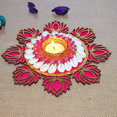 Diya Handmade MDF Lotus tealight Candle Holder with Shell Tealight Rangoli